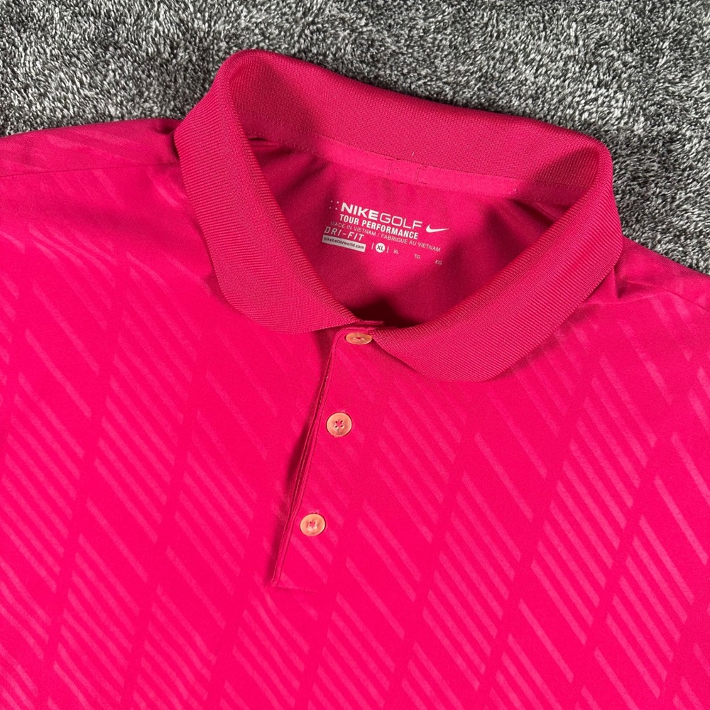 Nike Polo Shirt Mens XL Tour Performance Pink Dri-FIT Diagonal Stripe Jacquard